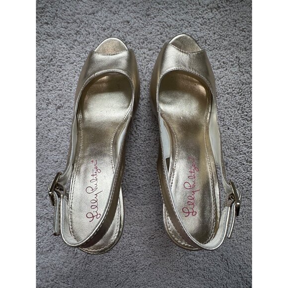 Lilly Pulitzer Size 9 Gold Metallic Kristin Wedge Peeptoe Sandal - Picture 8 of 16